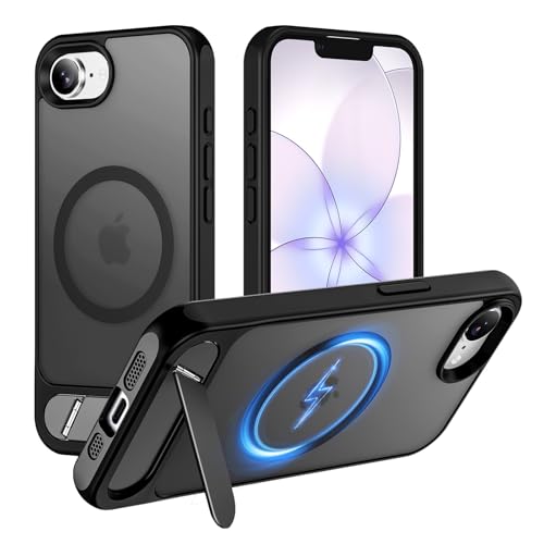 Hualele ���CiPhone 17e�P�[�X/iPhone 16e�p�P�[�X ���^���X�^���h�t�� [MagSafe�Ή�] [�~���^���[�O���[�h�̗����ی�] �ϏՌ��L�b�N�X�^���h �X�����d�b�P�[�X iPhone 17 E/16 E�p �u���b�N