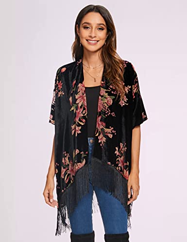 Image of MJ SERECA Women's Burnout Velvet Kimono Cardigan Cover Up with Tassel
