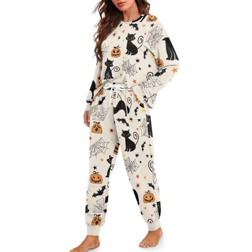 HUIFUAO Halloween Pj Sets for Women Scary Pumpkin Ghost Print Sleepwear Funny Halloween Costumes Outfits 2 Piece Pjs Long Sleeve Tops and Trousers Nightwear Loungewear (Z01-White, XXL)