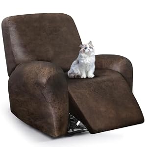 Leather Look Recliner Chair Covers, 4-Pieces Stretch Recliner Cover, Soft Reclining Chair Slipcover, Washable Furniture Protector for Lazy Boy Recliner (1 Seater, Brown)
