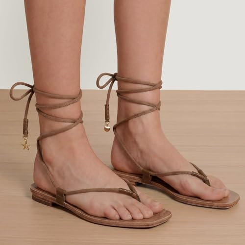 Image of Rope Flat Sandals for Women Strappy Open Toe Thong Sandals Summer Slingback Slip On Slide Sandals with Adjustable Strap