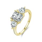 Mesnt Ring Gelbgold Damen, Frauen 18 Karat 750 Gelbgold Ring mit 6x8mm rechteckigem und herzförmigem Moissanit, Größe 49 (15.6)