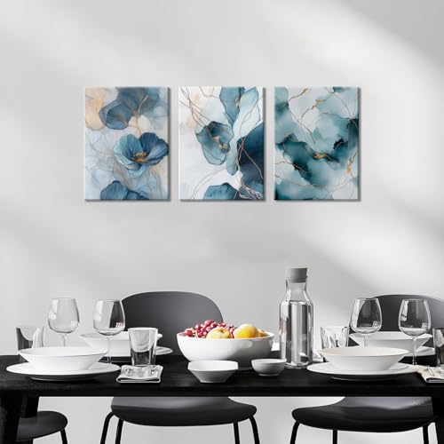 Piy Painting 3 Panel Abstrakt Wandkunst Leinwand Malerei, Blaue Kunst Leinwand Bilder, Poster, Kunstdrucke, Wandbilder Mit Rahmen, Dekorative Gemälde Für Wohnzimmer Schlafzimmer Wanddeko 30 x 40 cm