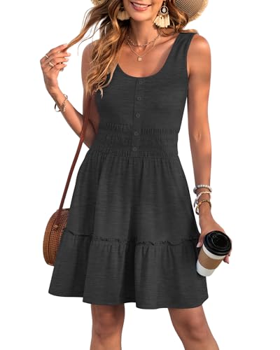 Image of AUSELILY Women Summer Dress Sleeveless Tank Button Down Dresses | Tank button down dress, Empire waist smocked, Casual beach vacation summer dresses with pockets