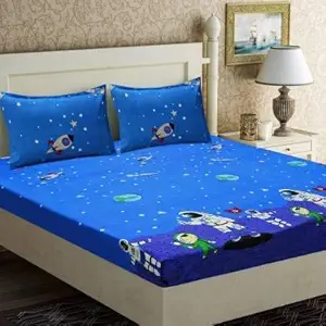 Tript Elastic Fitted Glace Cotton King Size (78x72 inches Upto 6 Inches) bedsheet for Kids with 2 Pillow Covers - 200TC Blue Astronaut