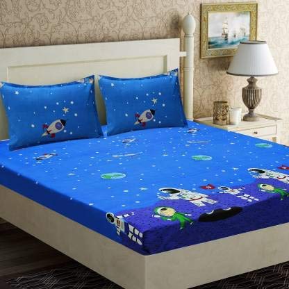 MOSHO 180 TC Glace Cotton Astronaut in Space Cartoon BedSheet for Kids