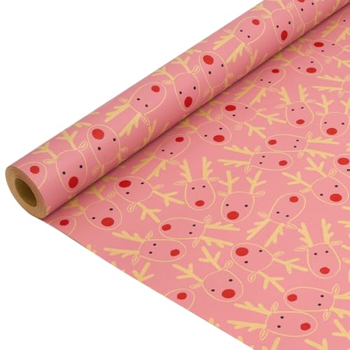 Papel Kraft natalício: Rolo de papel de embrulho reciclável com design de cabeça de rena rosa para o Natal, aniversário e dia de Ação de Graças - 43 cm x 15 m