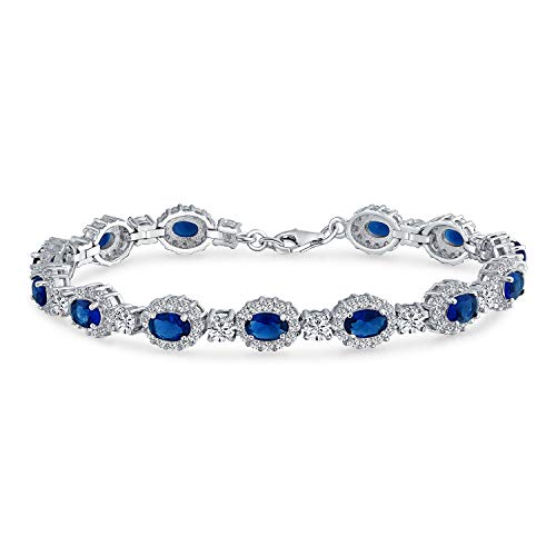 Bridal Cocktail Party Estate Vintage Style Statement Halo Oval Aaa Cz Simulated Blue Sapphire Bracelet For Women Prom Weddings .925 Sterling Silver Rhodium 7.5 Inch #TOP20
