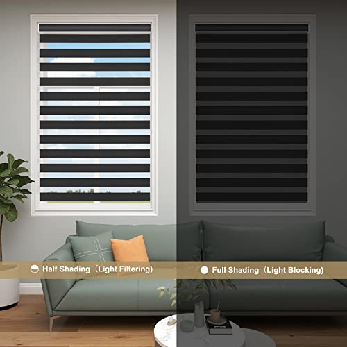 Image of Changshade Custom Size Zebra Blinds Cordless Indoor Window Shades Privacy Dual Layer for Living Room, Bedroom, Bathroom, Kitchen, Nursery, Inside Outside Mount Easy Install, Blackout, Black