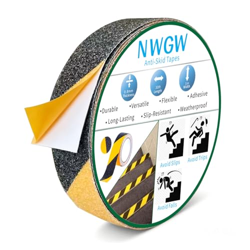 Image of Black & Yellow Anti-Slip Stair Treads Tape, 1 inch x35FT Heavy Duty Non-Skid Grip Tape for Indoor /Outdoor Steps, Bathroom & Pool - PVC Waterproof Safety Traction Tape