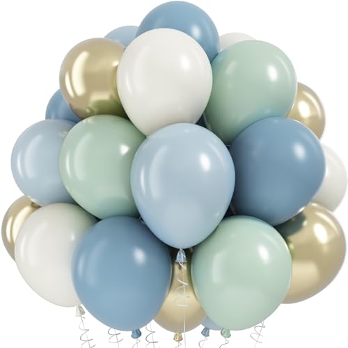 Image of Dusty Blue Green Balloons, Slate Fog Blue Dusty Green Ivory Balloons with Metallic Light Gold Balloon for Women Men Boho Jungle Safari Birthday Bridal Baby Shower Wedding Engagement Party Decorations