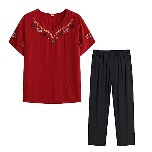 Women's Casual Floral Embroidery Short Sleeve Shirt Top High Waist Loose Pocket Pant Two Double D Swimsuits For Women Red #TOP18