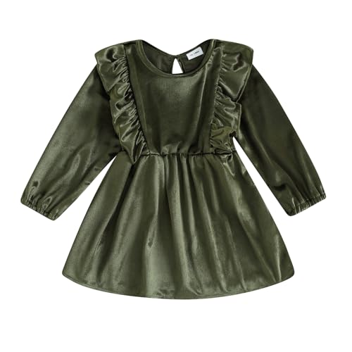Image of Toddler Baby Girl Clothes Velvet Dress Vintage Plain Long Sleeve Midi Dress Christmas Wedding Birthday Party Dresses (Ruffle-Army Green, 12-18 Months)