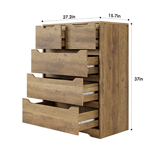 Hostack Modern 5 Drawer Dresser, Chest Of Drawers With Storage, Wood Clothing Organizer With Cut-Out Handles, Accent Storage Cabinet For Living Room, Bedroom, Hallway, Rustic Brown #TOP2