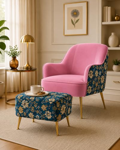 Image of Accent Chair with Ottoman | Modern Velvet Lounge Chair with Floral Designer Back | Upholstered Armchair for Living Room, Bedroom & Cafe | Golden Legs (Pink Floral)