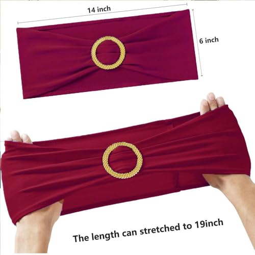 Image of Burgundy Chair Sashes 50 Pack with Gold Buckle Slider, Spandex Wine Red Chair Bands Bows for Folding Chairs Wedding Party Banquet Decor