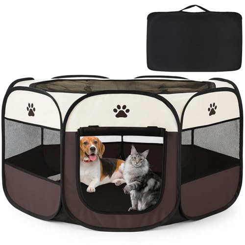 風織商社 ペットサークル 折畳み 犬 サークル 室内 114cm*114*58cm 猫 サークル 専用収納袋付属 大型 八角形 ドッグハウス ペットサークル 屋根付き アウトドア 防災 猫 犬 ケージ 犬 サークル 折り畳み 室内 屋外 キャンプ メッシュサークル 頑丈 出産室 大型犬 小型犬 猫 (ブラウン, XL)