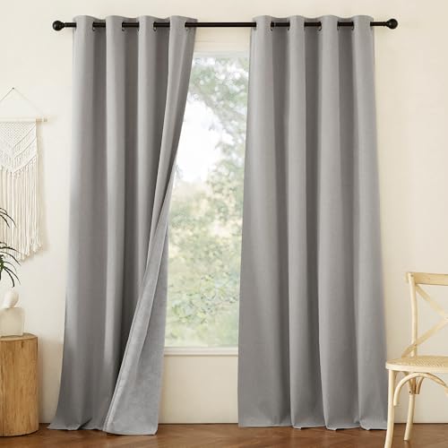 Image of NICETOWN 100% Absolutely Blackout Faux Linen Curtains with Thermal Insulated White Liner, 52 inch W, 2 PCs, Light Grey, 90 inch Long Drapes Sweep The Floor Decorative Keep Privacy Panels for Living Room /Villa