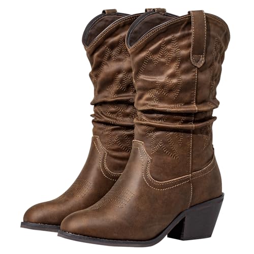 SheSole Short Cowboy Boots for Women Wide Width – Almond Toe Western Cowgirl Boots, Wrinkled Shaft with Embroidery, Chunky Heel, Pull-On Tabs, Thick Latex Insole (Brown, 11, Wide)