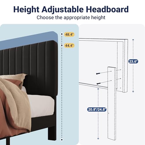 Image of Allewie Twin Bed Frame, Velvet Upholstered Platform Bed with Adjustable Vertical Channel Tufted Headboard, Mattress Foundation with Strong Wooden Slats, Box Spring Optional, Easy Assembly, Black
