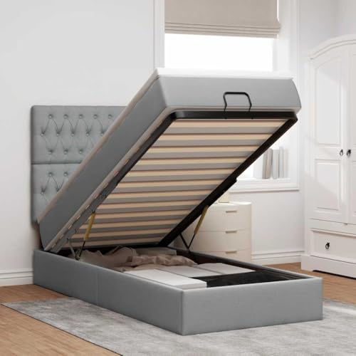 QZZCED Cama Otomana con Colchón de Muelles Ensacados y Mecanismo Hidráulico, Tela de Poliéster Gris Claro, 100x200 cm, Incluye Cubrecolchón, Amplio Almacenamiento, Base Cama