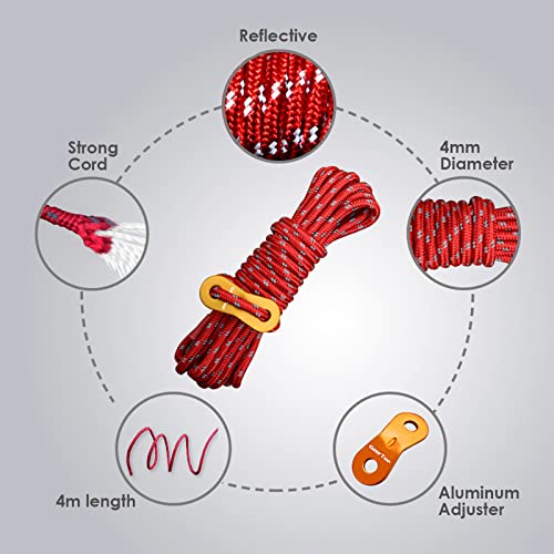 Geertop 4 Mm Reflective Guylines Tent Cords Ultralight Camp Ropes With Aluminum Adjuster Tensioner For Outdoor Camping Hiking Backpacking Survival Gear Red #TOP1