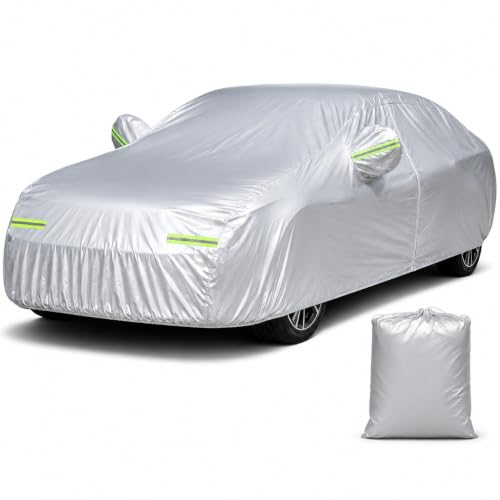 Image of GXARTS 5-Layer Heavy Duty Car Cover for Sedans (185 inchL x 74 inchW x 60 inchH) | Waterproof Vinyl Outer,All-Weather Outdoor Indoor | Windproof Straps, Mirror Pockets, Door Zipper | UV Snow Rain Dust Protection