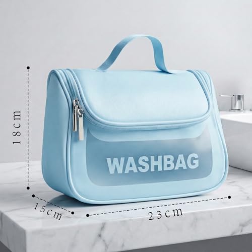 Image of Cosmetic Bag for Women, PU Leather Makeup Pouch, Large Capacity Travel Makeup Organizer with Divider & Handle, Waterproof Portable Vanity Storage Bag for Toiletries (Washing Bag-Blue)