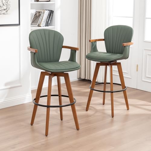 Image of LUNLING 26 inch Counter Height Stools Set of 2,Mid Century Modern Bar Stools,Green PU Leather Kitchen Island Stool,Wood High Barstools Swivel with Back and Arms for Home Bar Furniture