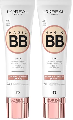 L'Oréal Paris Getönte Tagescreme, Für 24h Feuchtigkeit und einen ebenmäßigen Teint, Magic BB Teint Optimierer, Nr. 01 Very Light (Sehr Hell), 1 x 30 ml (Packung mit 2)