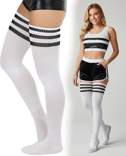 Image of ToBeInStyle Women's Heavyweight Knit Thigh High Long Socks w /Contrast 3 Stripe Top Band