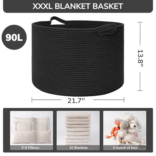 Image of INDRESSME XXXLarge Blanket Basket 21.7 inch x 21.7 inch x 13.8 inch Woven Storage Baskets Soft Cotton Rope Toy Baskets Storage Kids Decorative Laundry for Home, Perfect for Living Room, Black