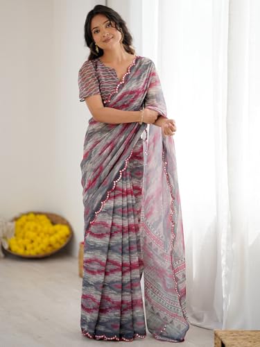 Image of Satrani Women's Georgette Printed & Mirror Work Saree with Unstitched Blouse Piece