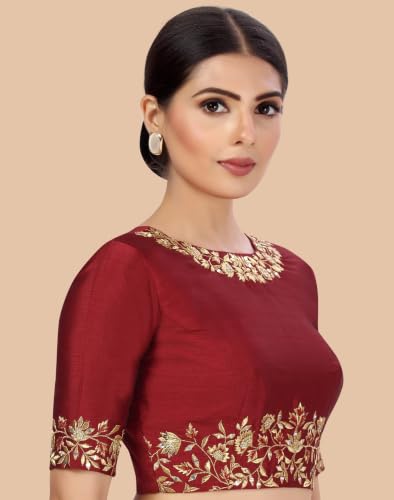 Image of Studio Shringaar Women's Readymade Art Silk Embroidered Saree Blouse with Elbow Length Sleeves