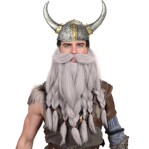 Honcloud Realistic - Novelty Viking Dwarf Pre-Styled Braided Fake Beard for Cosplay & Halloween(Gray)