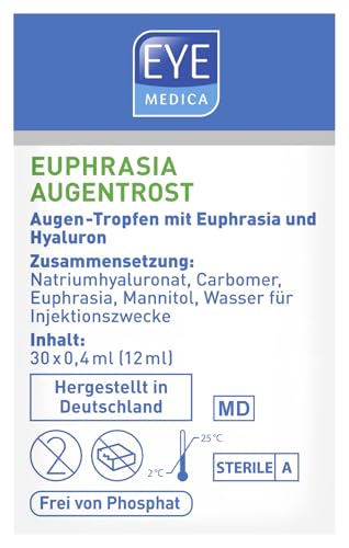 EyeMedica Euphrasia Augentropfen gegen trockene Augen und gereizte Augen, Befeuchtung, Linderung und Pflege, mit Hyaluron, 30 x 0,4 ml Einzeldosen