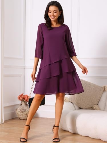 Image of Seta T Women's Chiffon Dresses 3 /4 Bell Sleeve Crewneck Tiered Layered Flowy Dress Party Wedding Outfits