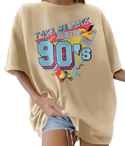 Lonya Damen T Shirt Rundhals Oversize Retro 90er Jahre Brief Gedruckt New York Basic Shirt Baumwolle T-Shirt Einfarbig Kurzarm Top Vintage 90s Nostalgie Oberteile Tee Shirts 90s-Aprikose XL