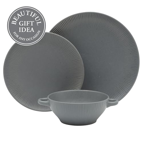 Image of Gibson Elite Clover Hill 12-Piece Stoneware Dinnerware Set - Dark Blue Embossed Plates and Bowls with Matte Speckled Reactive Glaze, Service for 4 - Microwave & Dishwasher Safe