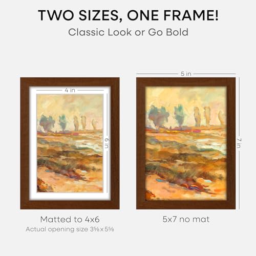 Image of Homeforia 5x7 Brown Oak Picture Frame, High-End Wood, 4x6 Mat, Glass | High End Solid Oak Wood, Tempered Glass, Acid-Free 4x6 Removable Mat, 5x7 Edge-to-Edge Display 7x5, Wall Kit, Set Of 3