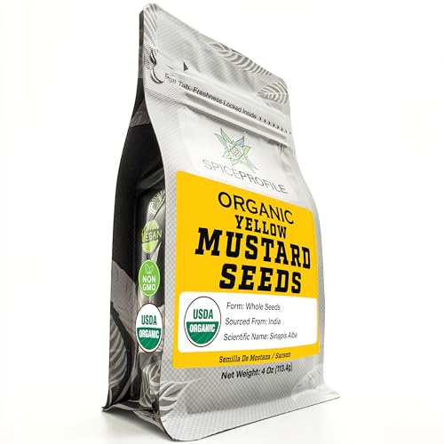 Spice Profile USDA Organic Yellow Mustard Seeds, Lab Tested for Heavy Metals, Resealable 4oz Pouch, Sarson, Semillas de Mostaza Amarilla