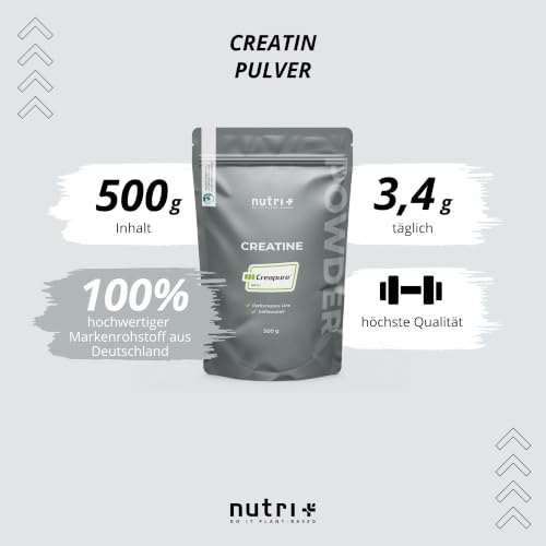 Nutri + Creapure 500g - Creatin Monohydrat Pulver - 100% rein - Ultrafeines Kreatin Neutral hochdosiert - Creatine Powder Vegan aus… – Ansicht 2