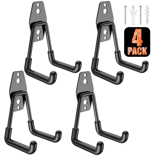 Image of 4 Pack Heavy Duty Garage Hooks,Solid Steel Wall Mount Hangers,with Anti-Slip Coating,for Hanging and Organising Ladder,Bike,Ropes,Broom,Garden,Yard and Power Tools(4.5x2.75 inch)