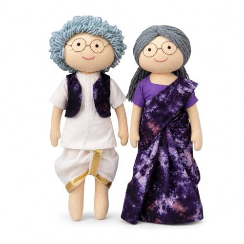 Image of Violet Grand Parents Handcrafted Indian Rag Doll Set, Soft Cotton Fabric & Yarn Hair Traditional South Indian Cloth Dolls, Handmade Fabric Dolls for Decor & Gift (Set of 2)