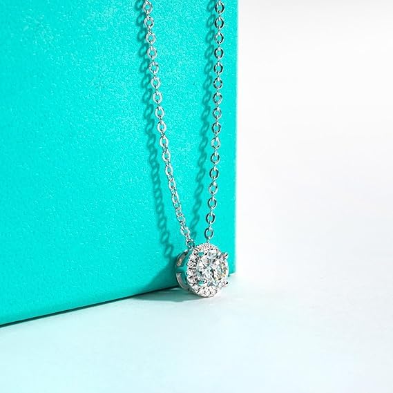 Naszyjnik damski - okrągły naszyjnik Moissanite z certyfikatem, srebro próby 925, kolor D, jakość VVS1, delikatne zaciskanie, długość łańcuszka 45 cm, odpowiedni do: Impreza/Podróż/Ślub/Urodziny