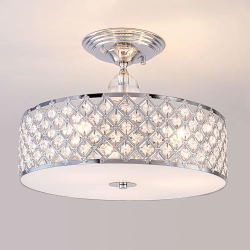 HARPER LIVING Modern Semi Flush Mount Ceiling Light, 3 Lights Crystal Drum Chandeliers, Polished Chrome Ceiling Light for Dining Room Bedrooms Living Room Kitchen Hallway, E27 Bulb Caps