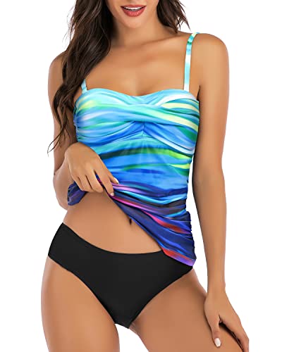 Image of Shuangyu Women's Twist Front Bandeau Tankini Set Two Pieces Ruched Tummy Control Suimsuit with Mid Waist Briefs