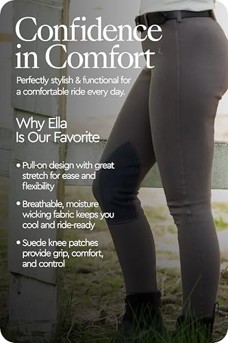 HORZE Ella Women's Horseback English Riding Pull-On Schooling Breeches with ALOS Leather Knee Patches and Belt Loops - Dark Grey - 26 - Thumbnail 4