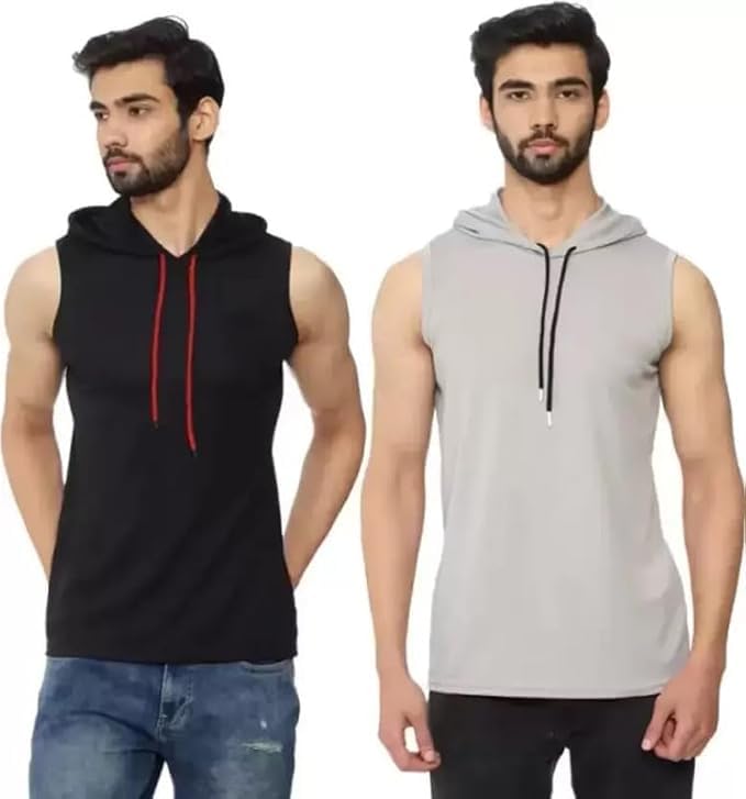 Men Sleeveless Cotton Sweatshirt Combo Gym Sports Hoodie for Men -Soild Black & Grey Pattern (Pack of 2)-image-32