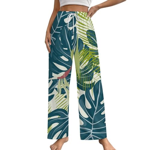 Pantalon de pyjama femme feuilles vertes bas de nuit avec poches taille S